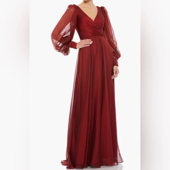 Mac Duggal | Dresses | New Mac Duggal Burgundy Sheer Blouson Sleeve  Surplice Gown In Size 4 | Poshmark